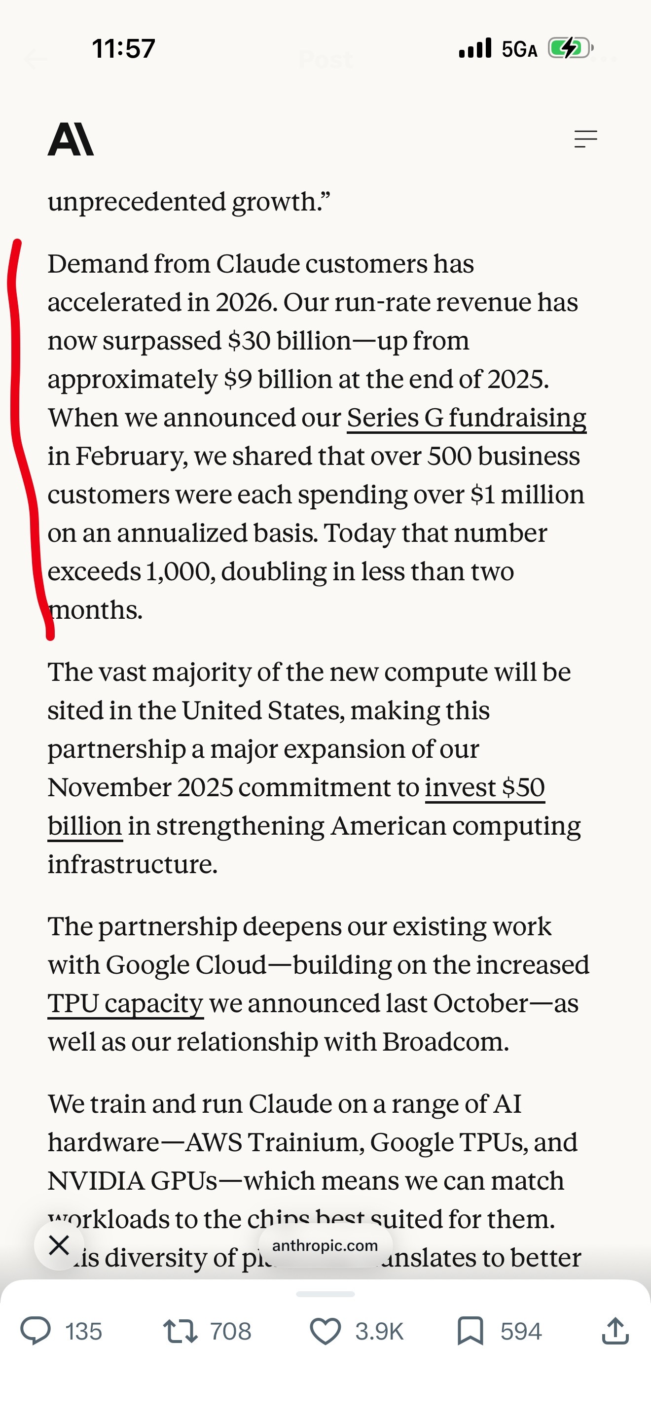 Anthropic说他们今年的年化收入超过300亿美元，去年是90亿美元，2月份