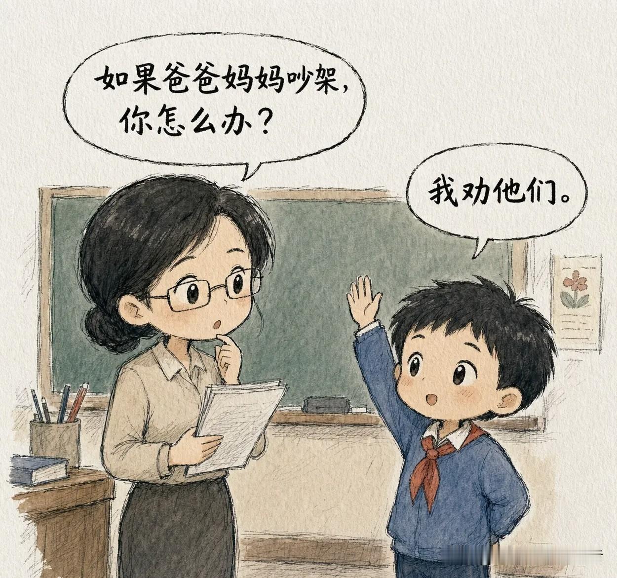 趣味漫画：老师问小朋友：「如果爸爸妈妈吵架，你怎么办？」小明举手：「我劝他们。」