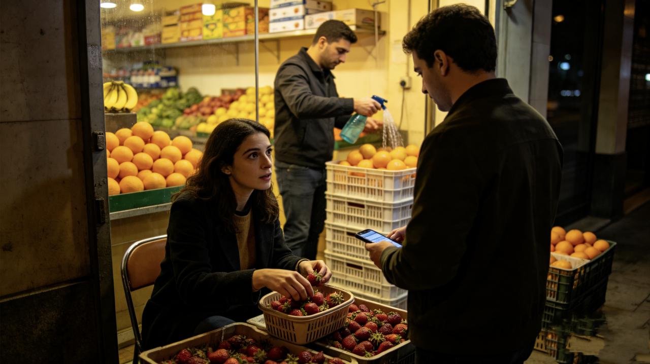 楼下新开了家水果店，晚上路过，看见老板娘坐在门口，面前摆着一小筐草莓，已经有些蔫