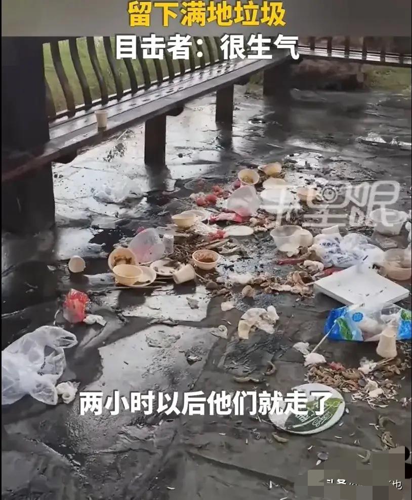 辽宁铁岭，一凉亭有10余人野餐庆生，2小时后离开留下了满地垃圾。目击者称，凉亭离