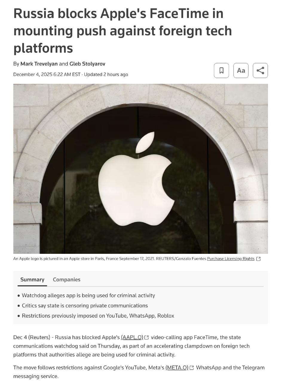 俄罗斯把苹果的FaceTime给禁了。

这事儿是俄罗斯国家通信监管机构在周四宣