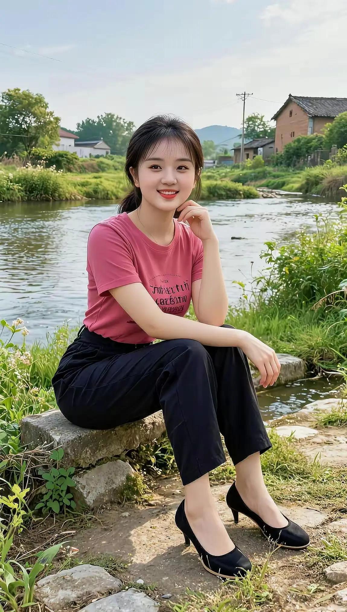 女孩坐在河边，微笑着看镜头。