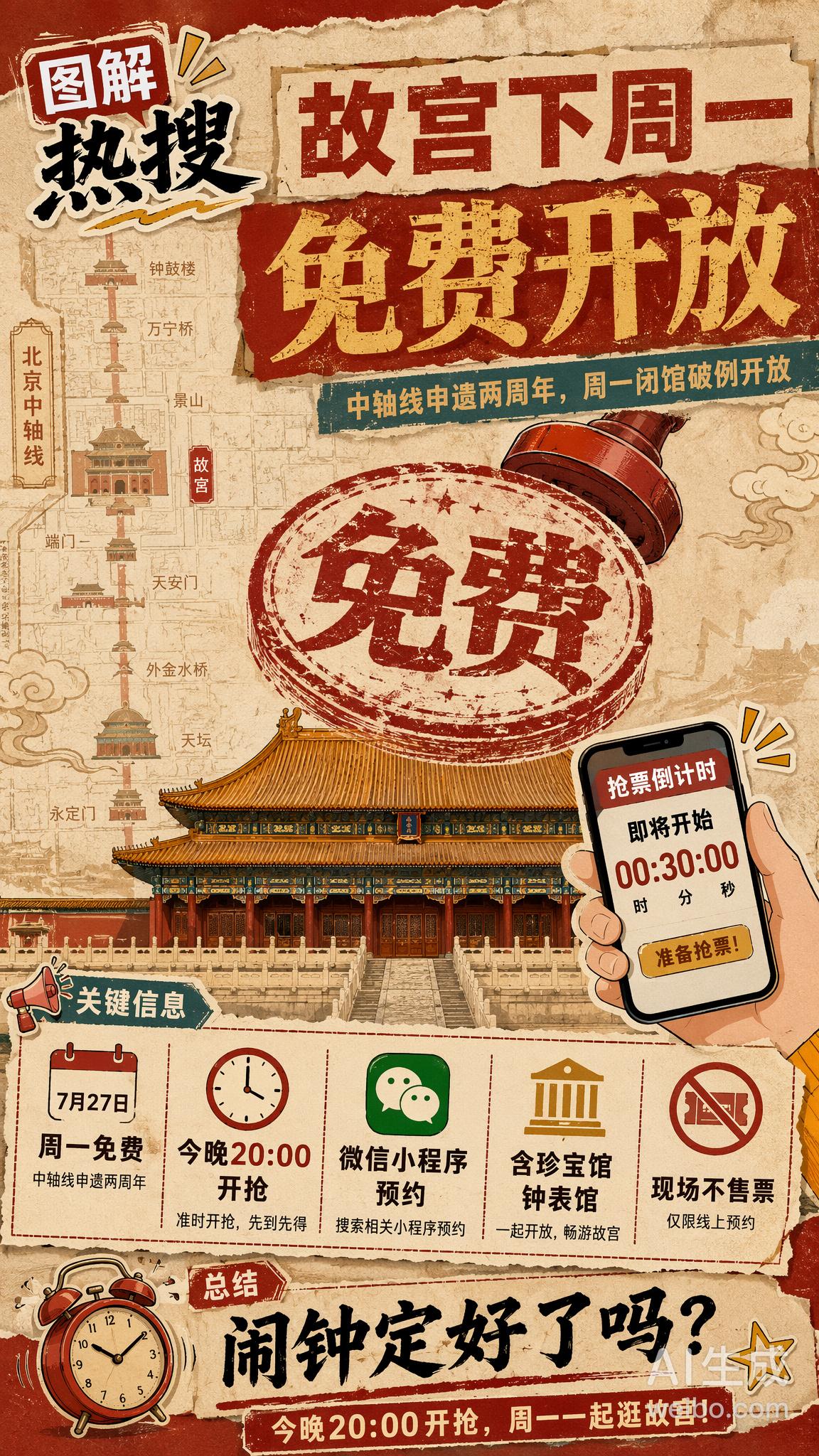 【热搜榜：故宫下周一免费开放】
    故宫为庆祝北京中轴线申遗成功两周年，将在