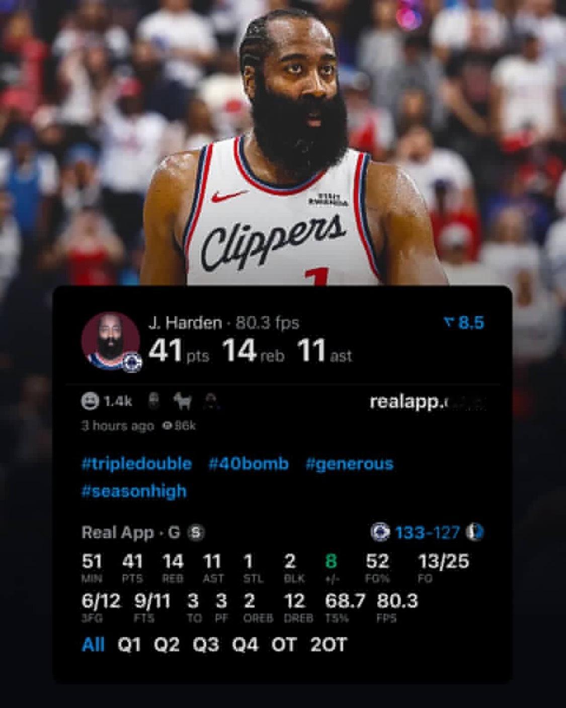 哈登成为快船队史三双次数最多的球员后：“我打球就是为了赢球。付出努力，结果自然会