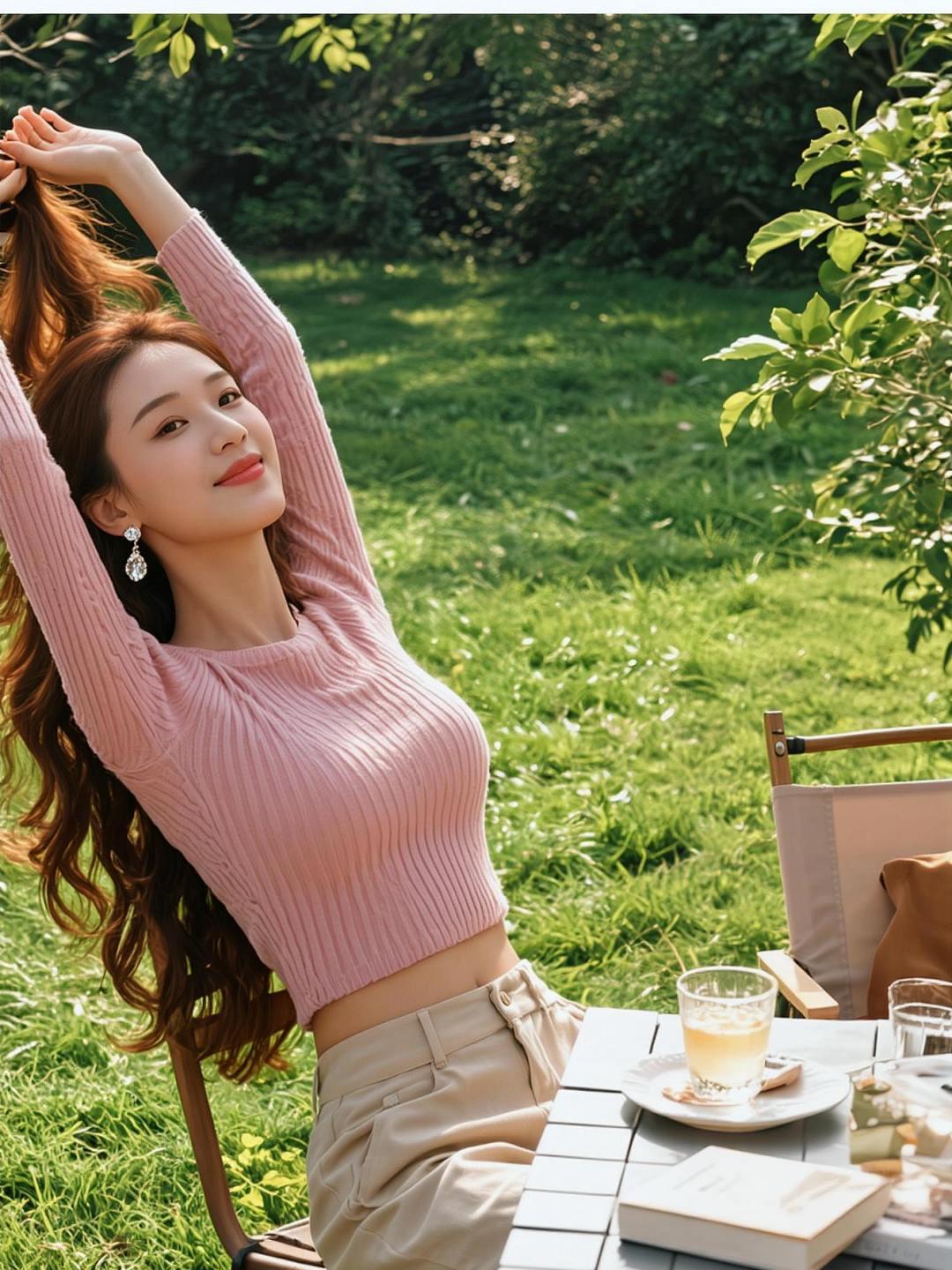 阳光洒在绿意盎然的草地上，微风轻拂，仿佛时间在此刻静止。她伸展双臂，像是要拥抱整