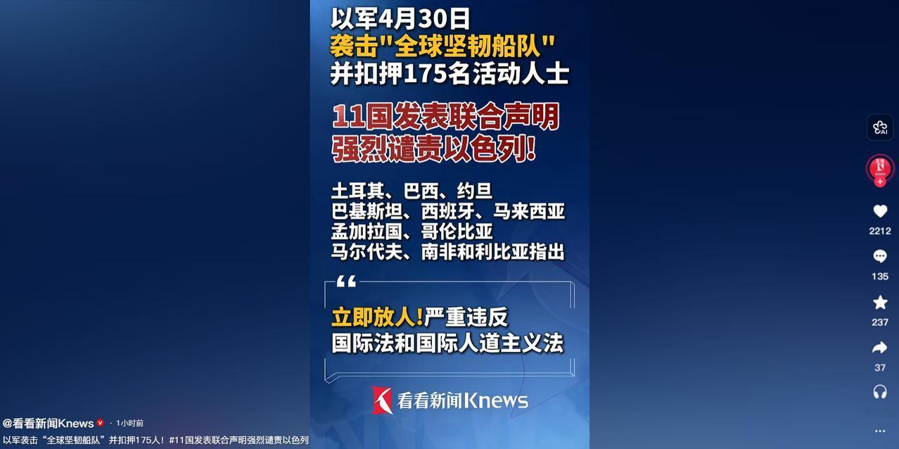 毫无底线！4月30日，以色列公然在海上拦截民间人道船只，无故扣押 175 名多国