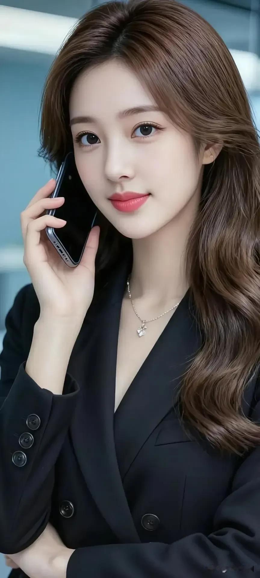 黑西装勾勒出干练的气场，细链项链添了温柔细节，焦糖色卷发垂落，职场里的优雅也能如