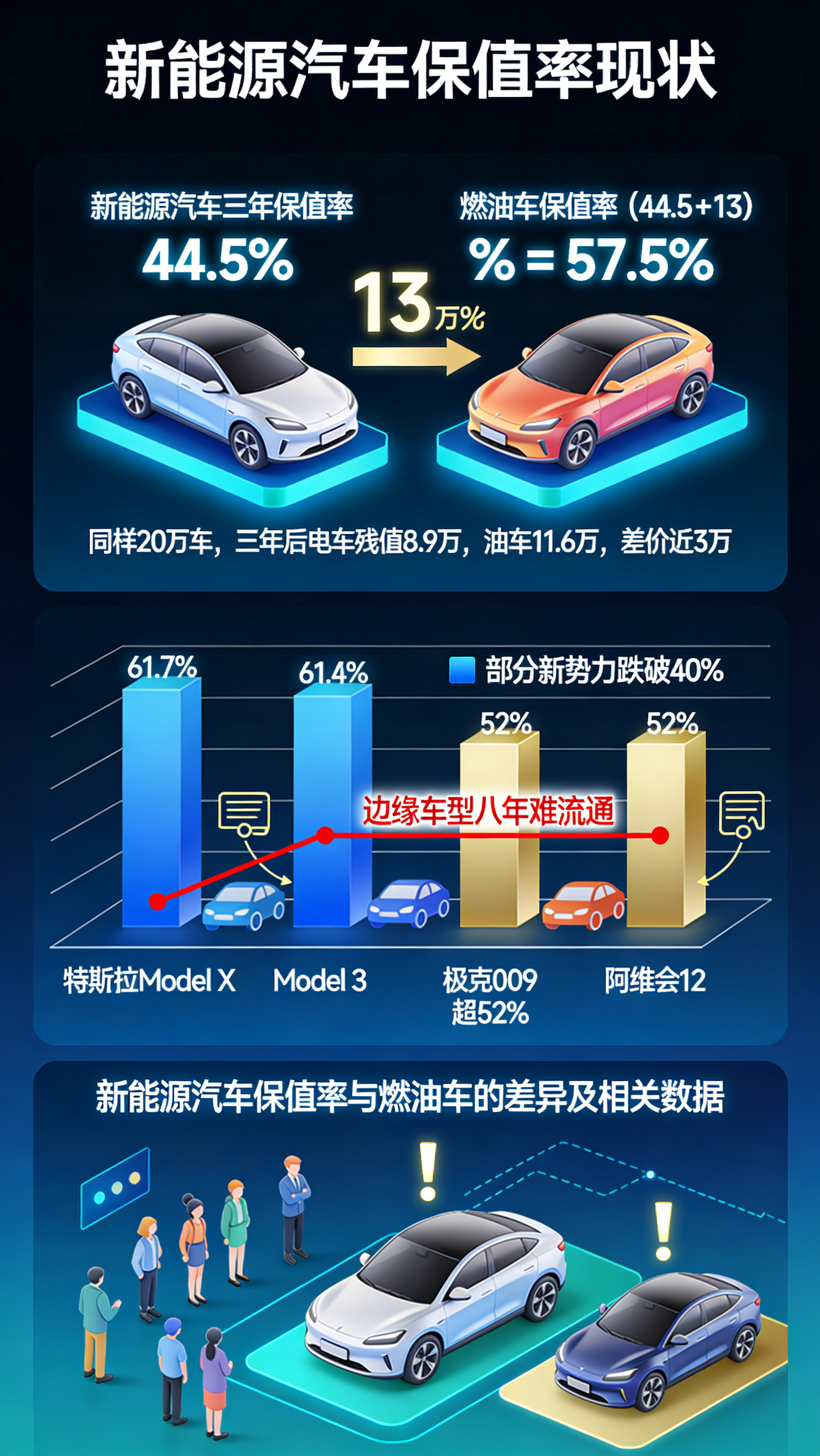 新能源汽车三年保值率仅44.5%，比燃油车低13个百分点。同样20万车，三年后电