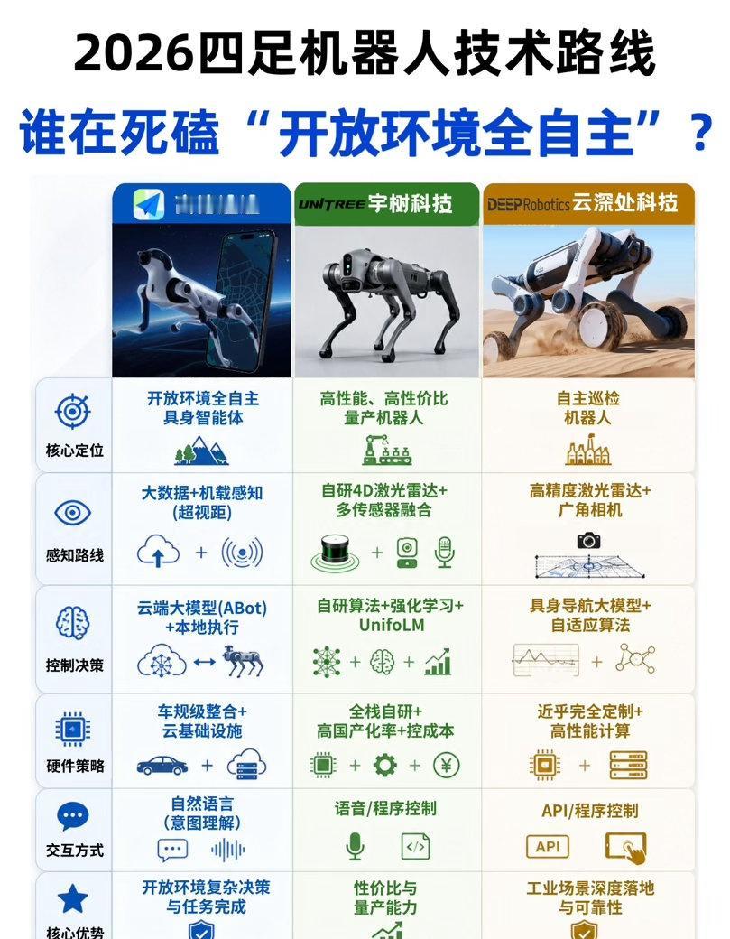标题：四足机器人技术路线，谁在死磕“全自主”？

2026年，四足机器人行业正经
