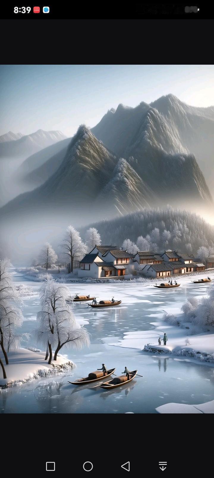 雪落江南，冰封的河道间，乌篷船轻摇而过，岸边琼枝玉树，粉墙黛瓦的人家隐在雾色里。