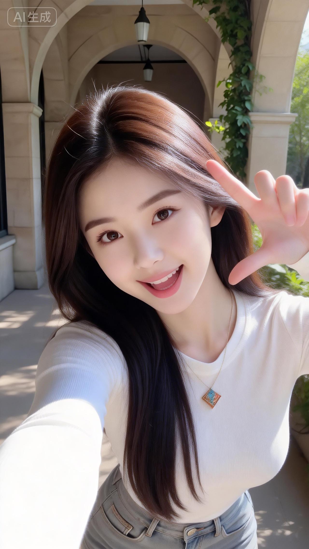 拱廊下的简约甜妹好清爽
 
白T搭黑短裙，金色挂坠一衬，利落又带点软甜，抬手撩发