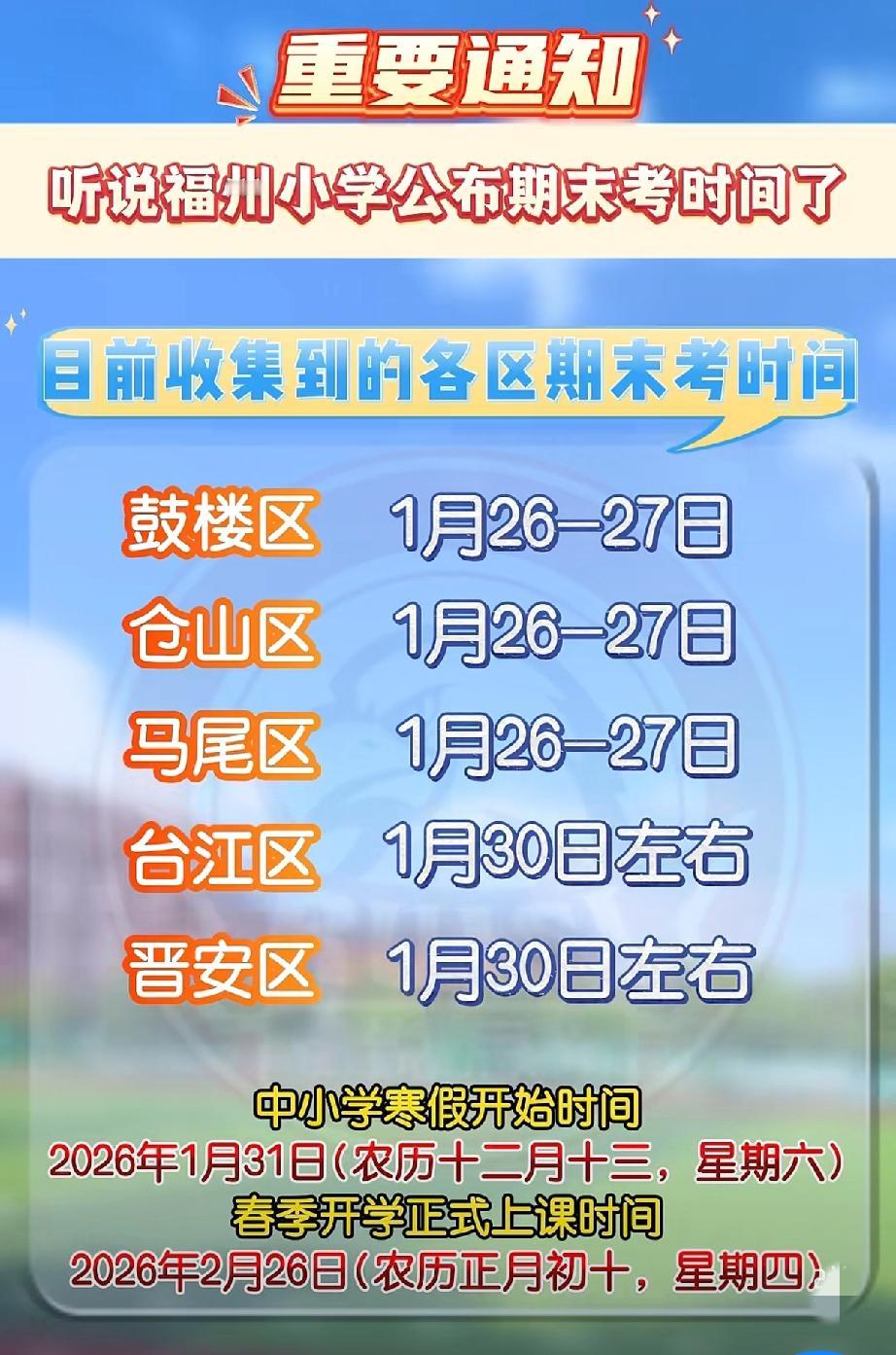 福州小学期末考时间已定！时间已经来到了2026年1月份，距离过年也就剩一个月多几