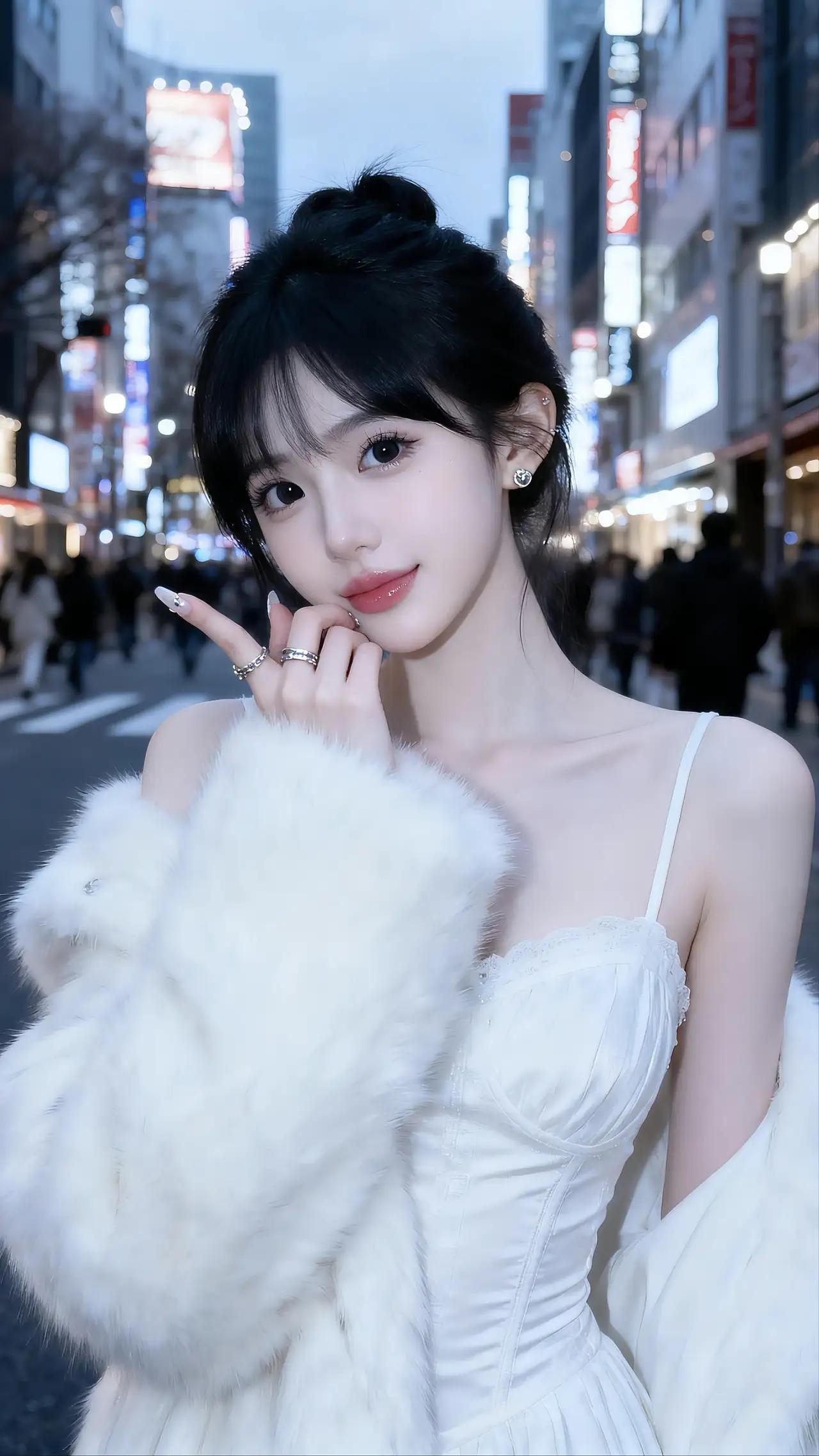 你宛如从童话中走出的冰雪公主，身着纯白礼服与毛绒披肩，在霓虹闪烁的都市街头熠熠生