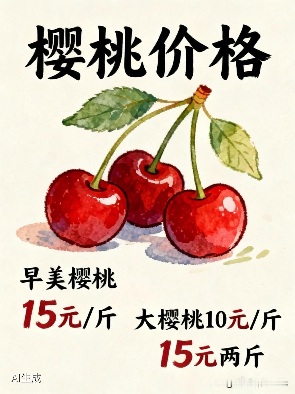 今年的樱桃也便宜了，满街吆喝的都是10元一斤，15元两斤，早美樱桃也15元一斤了