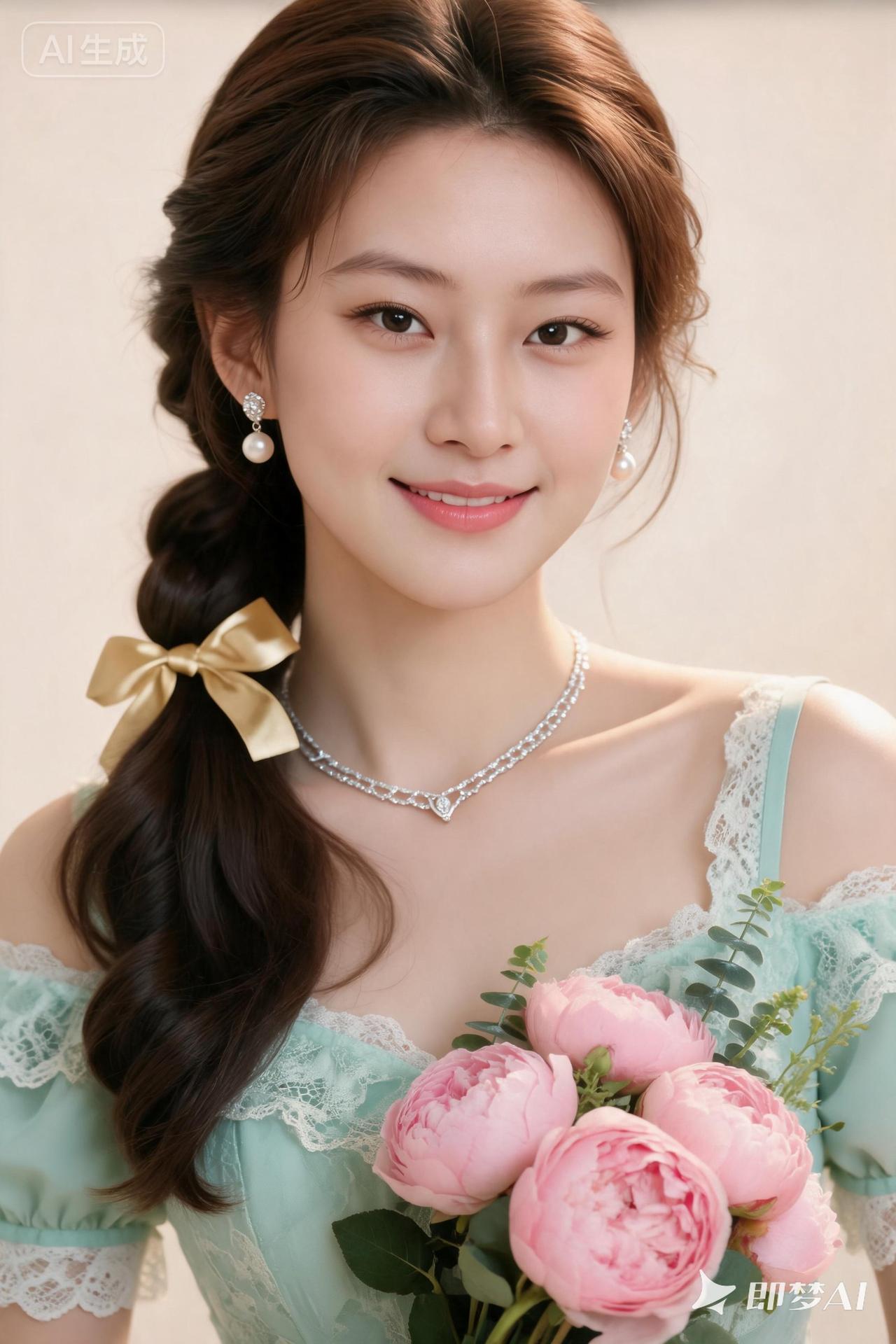 甜美少女心，粉色花束与优雅礼服的完美搭配，尽显浪漫气息！