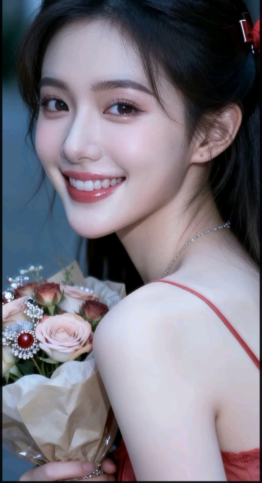 甜美笑容，花束相伴，少女心满满的一天🌸💕