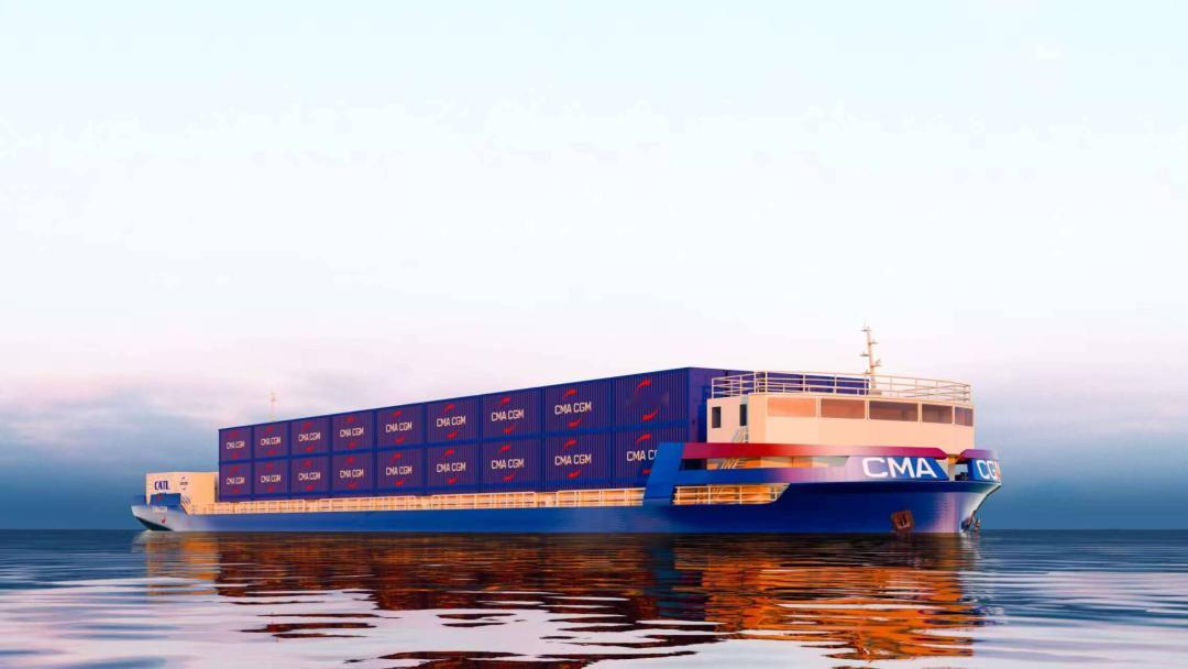 纯电集装箱海船，中国开建了达飞订造的182TEU纯电动力集装箱船，在山东新能船业