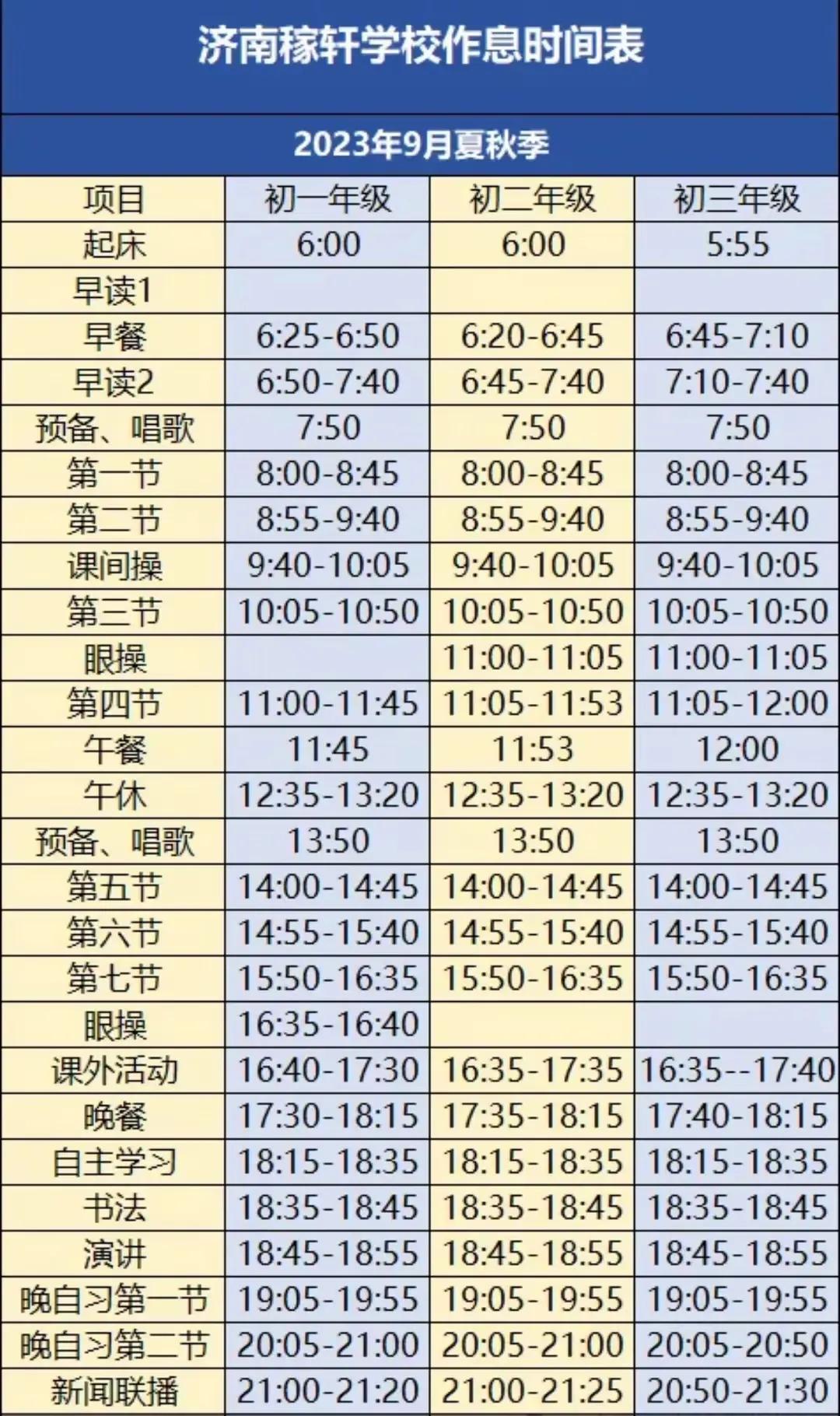 私立学校相对于公立学校的优势，从稼轩学校的作息表就能看得出来。

初中三年的课程