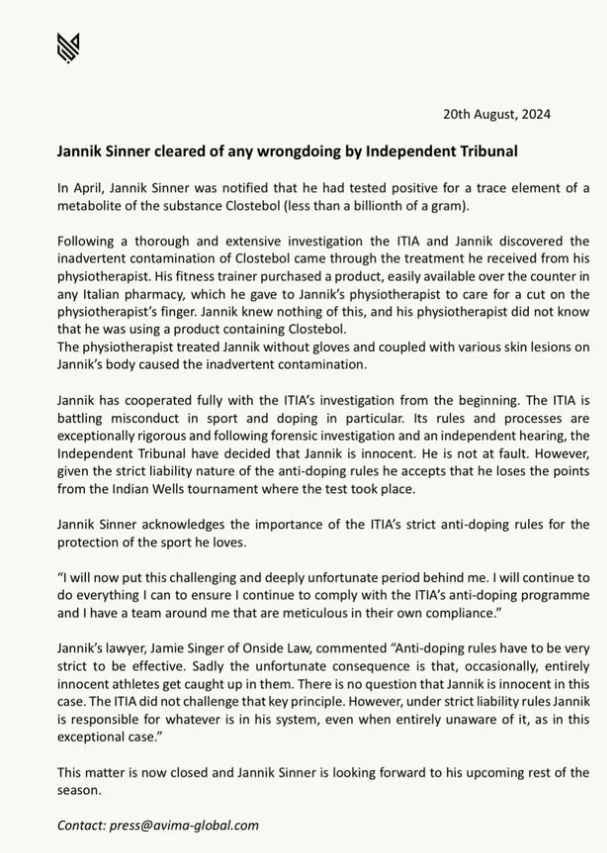 辛纳兴奋剂阳性