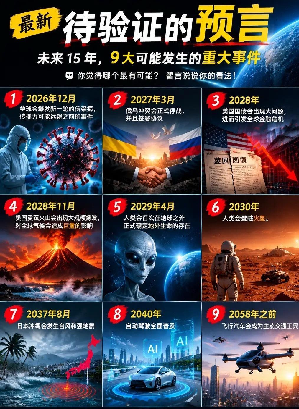 九个最新待验证的预言1、2026年12月全球会爆发新一轮的传染病，传播力可能远超