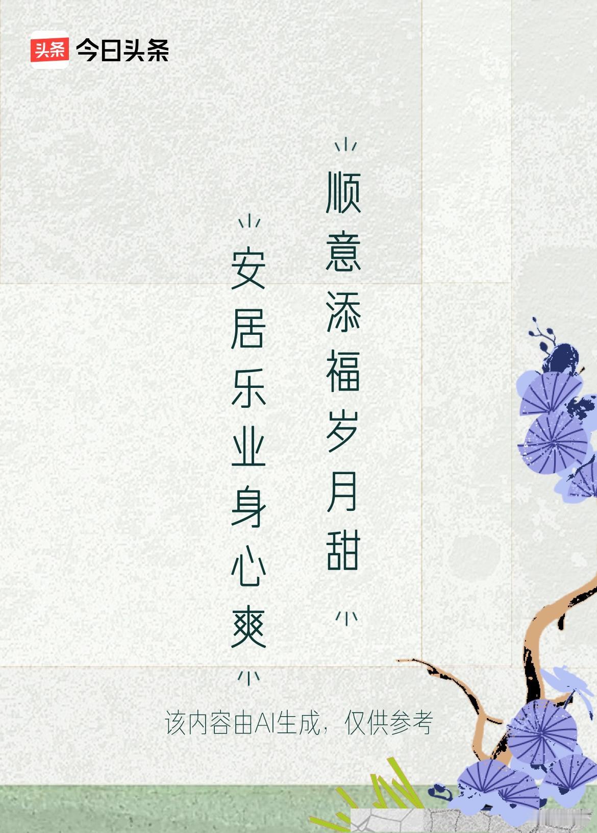 上联：安居乐业身心爽，
下联：顺意添福岁月甜。
戳这里👉和我一起作诗词歌赋，赢