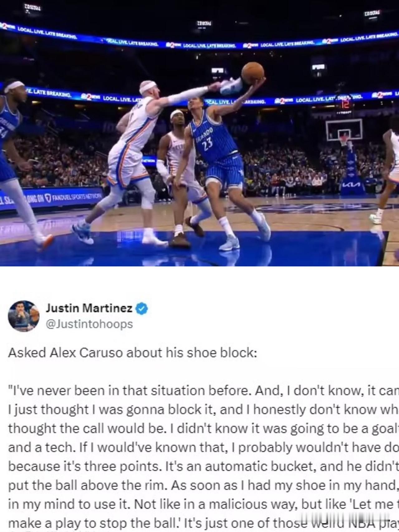 想封盖，臂展不够，拿鞋来凑！[尬笑][尬笑]
雷霆对阵魔术一役，卡鲁索贡献奇葩一