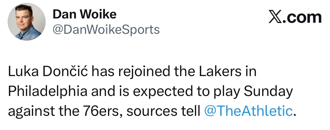 来了老铁！东契奇已在费城与湖人队会合，预计将出战对阵76人队的比赛。 