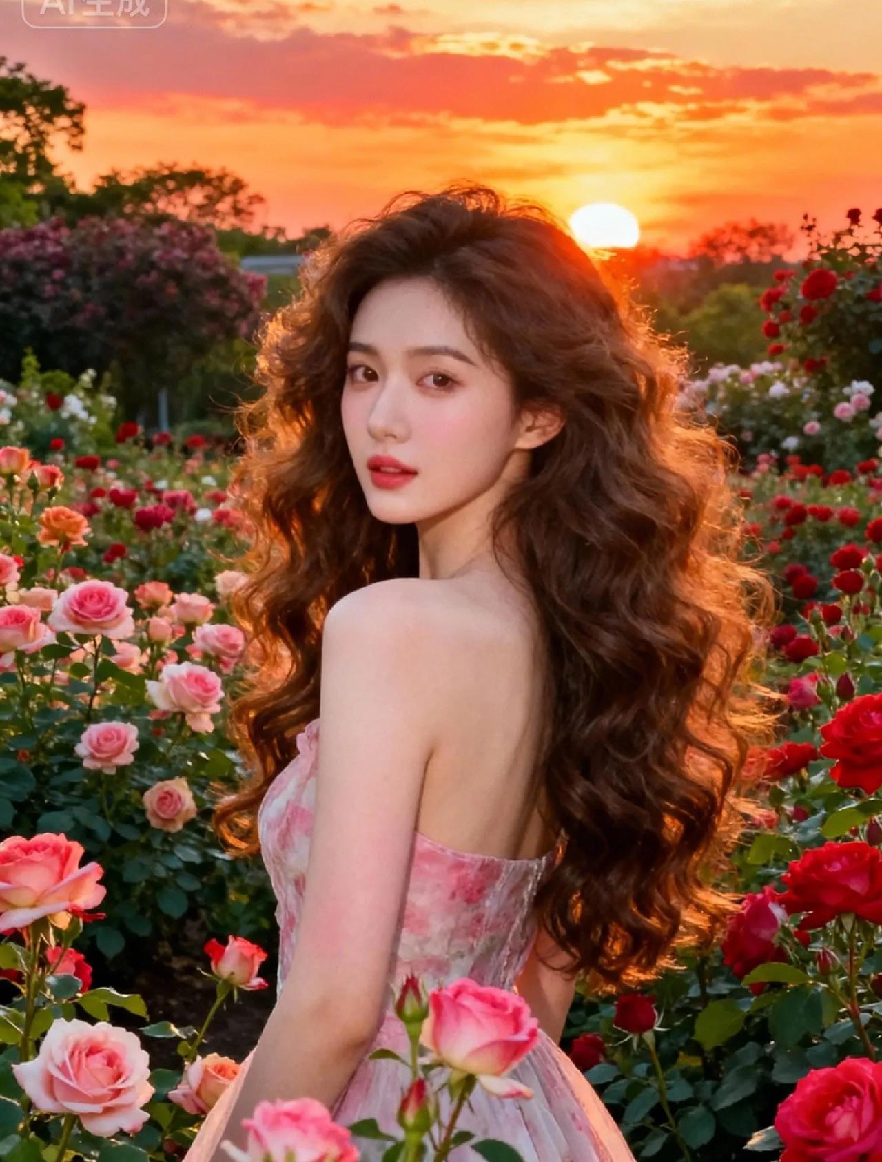 晚风裹着玫瑰香，把落日揉进她发梢。裙摆沾了粉瓣的柔，卷发漾着橘色的潮，眼波是揉碎