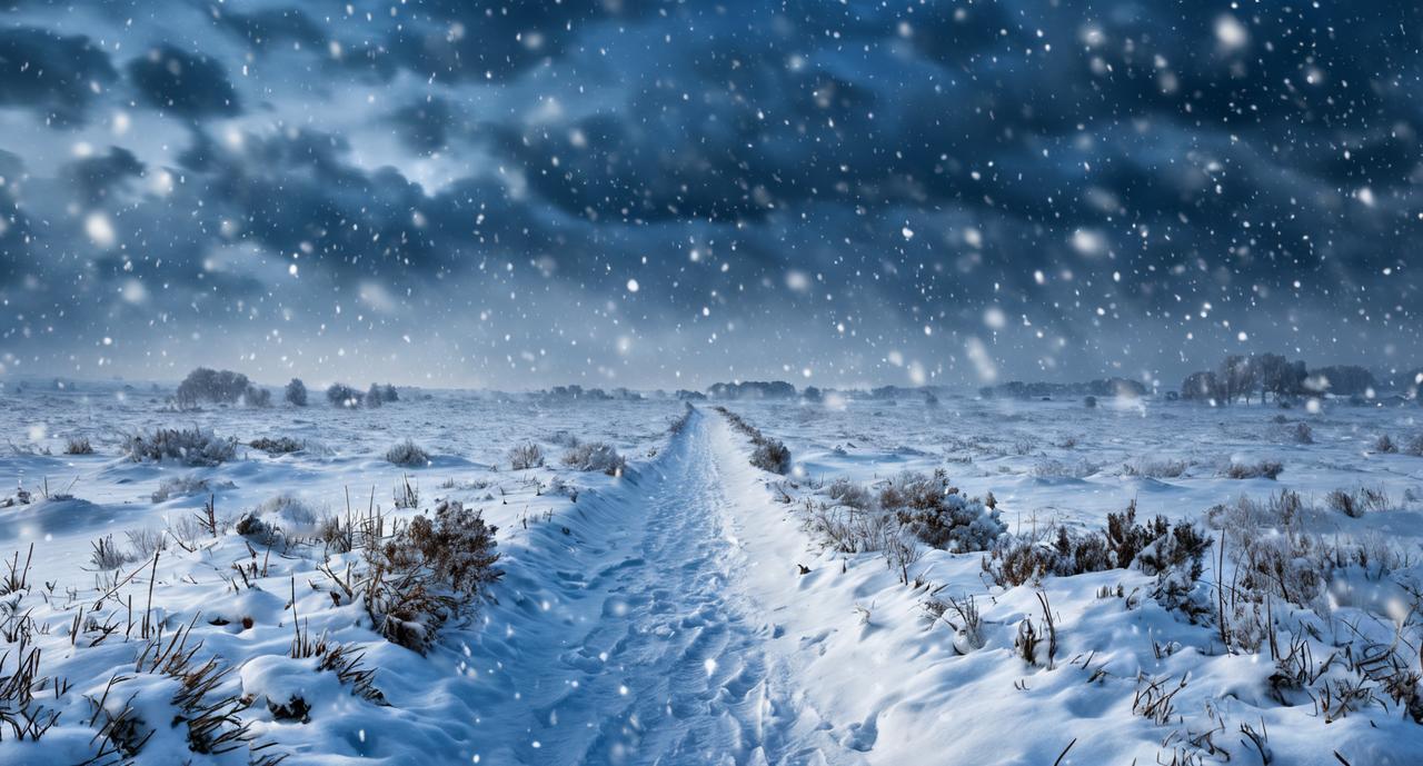 一张图证明冬天来了夜幕降临，一场暴风雪席卷而来，雪花密集飘落，天地一片白茫茫。厚