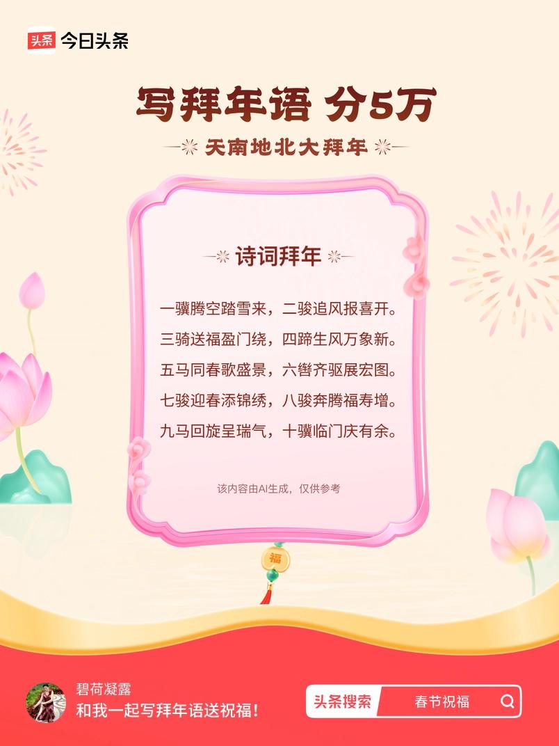 三骑送福盈门绕，四蹄生风万象新。 五马同春歌盛景，六辔齐驱展宏图。 七骏迎春添锦