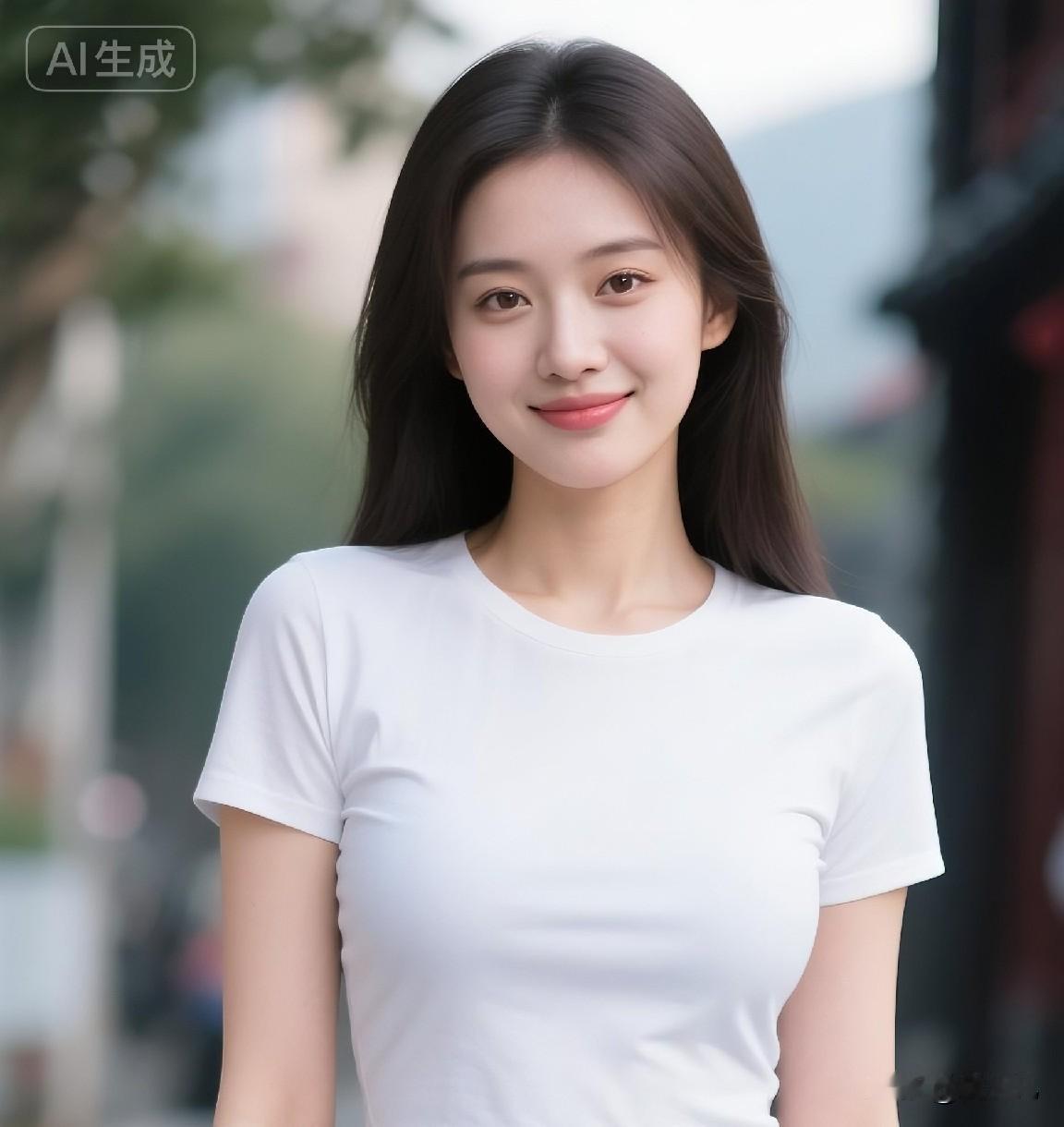 转角处，一位长发姑娘袅袅而来，
身着一件简约的白短衫，
搭配一条质朴的牛仔裤，