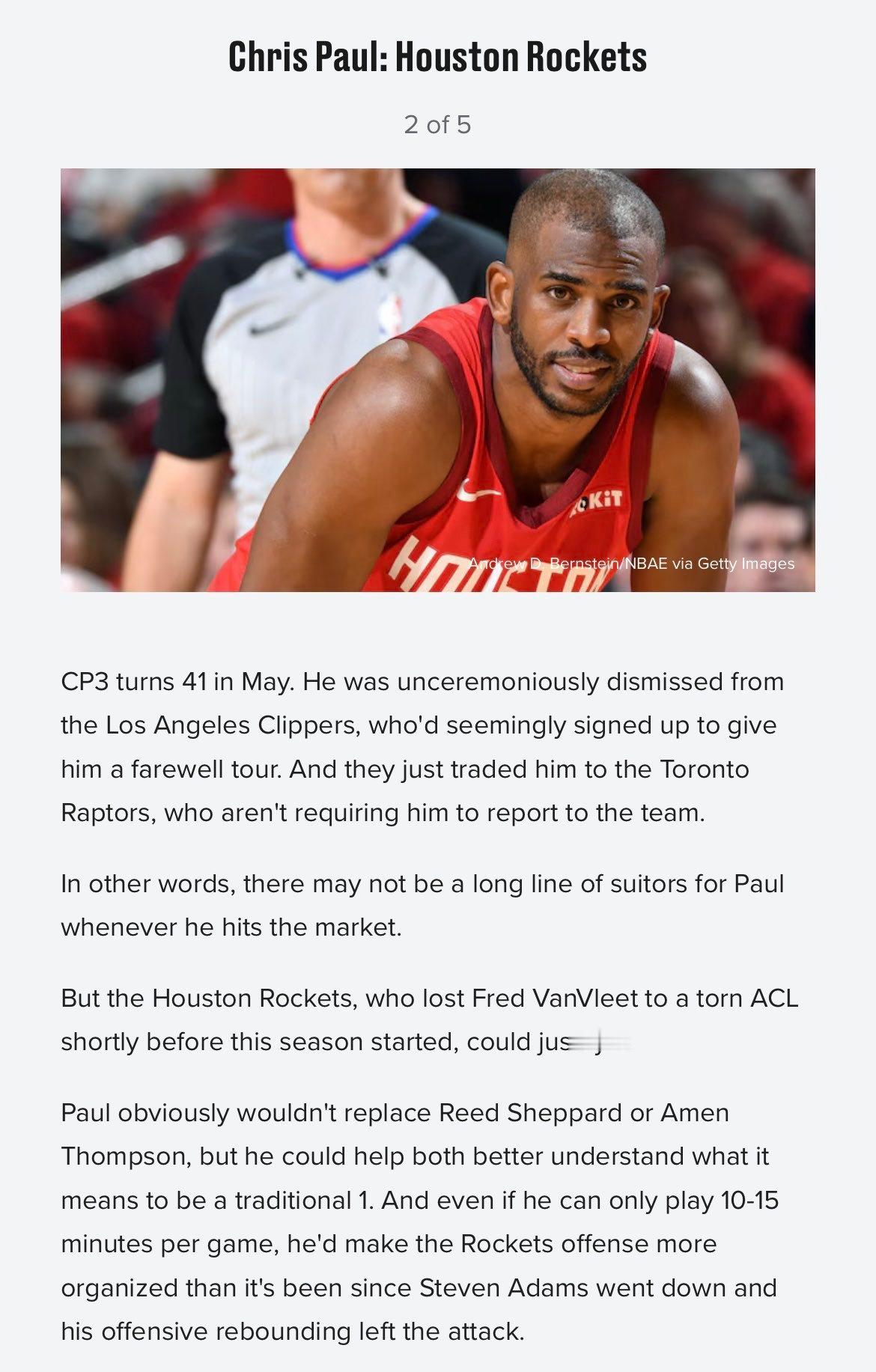 Bleacher Report在最新文章中，将休斯顿火箭队列为克里斯·保罗的潜在