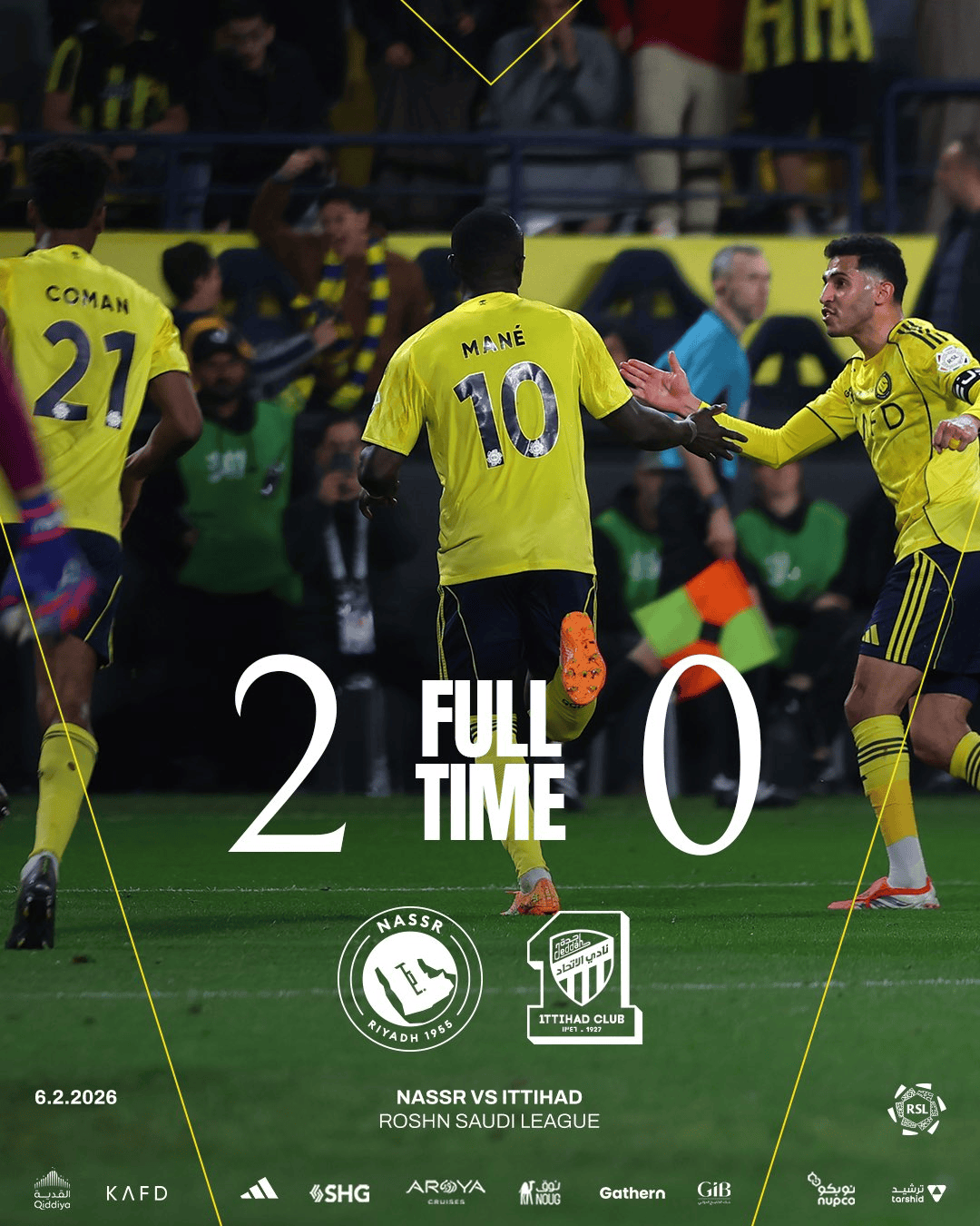 胜利2-0吉达联合全场数据：射门16-5，绝对机会3-0