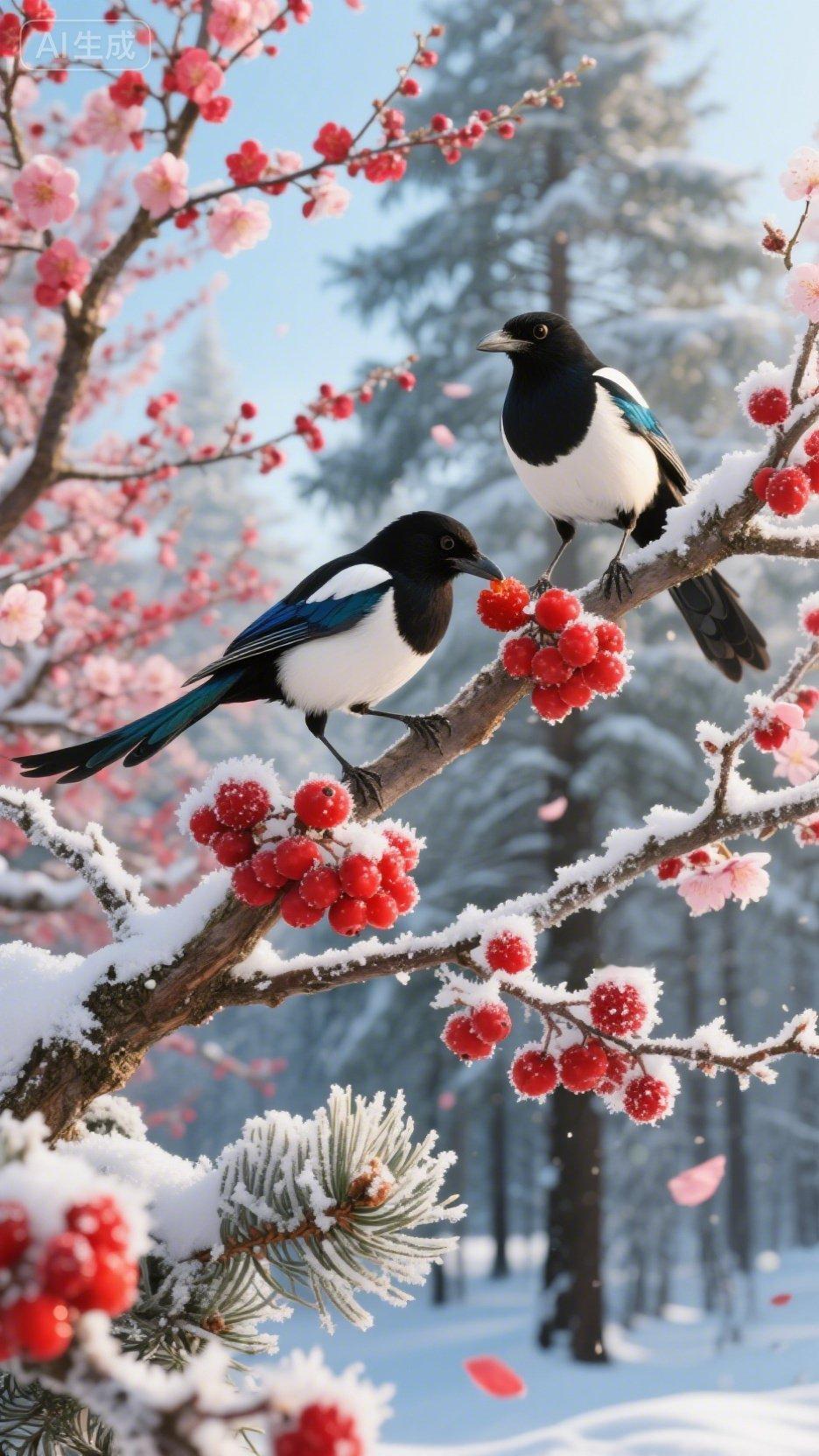 分享一张雪景图双鹊踏枝窥晓日，红梅带雪醉冬晴