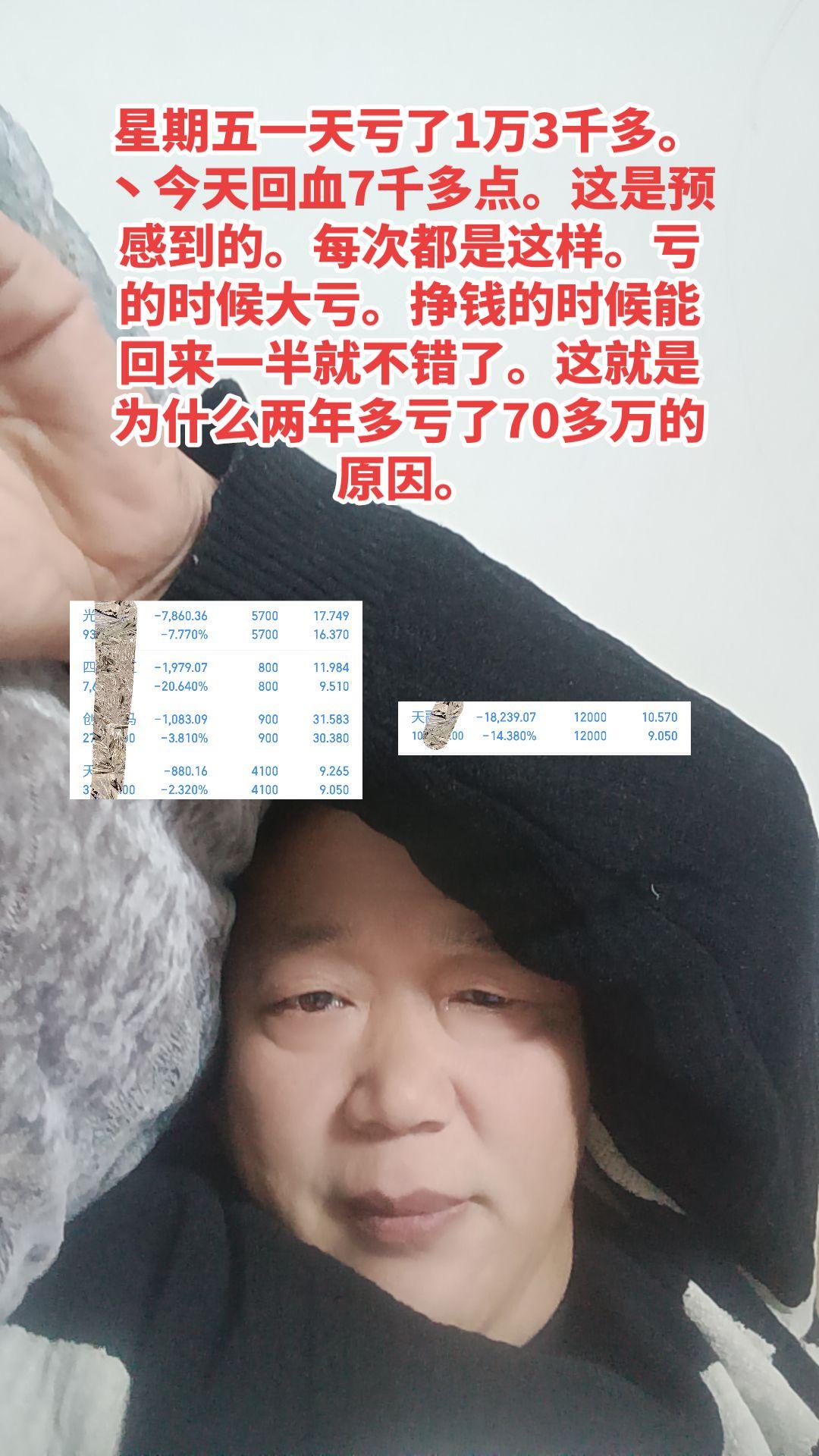 星期五一天亏了1万3千多。丶今天回血7千多点。这是预感到的。每次都是这...