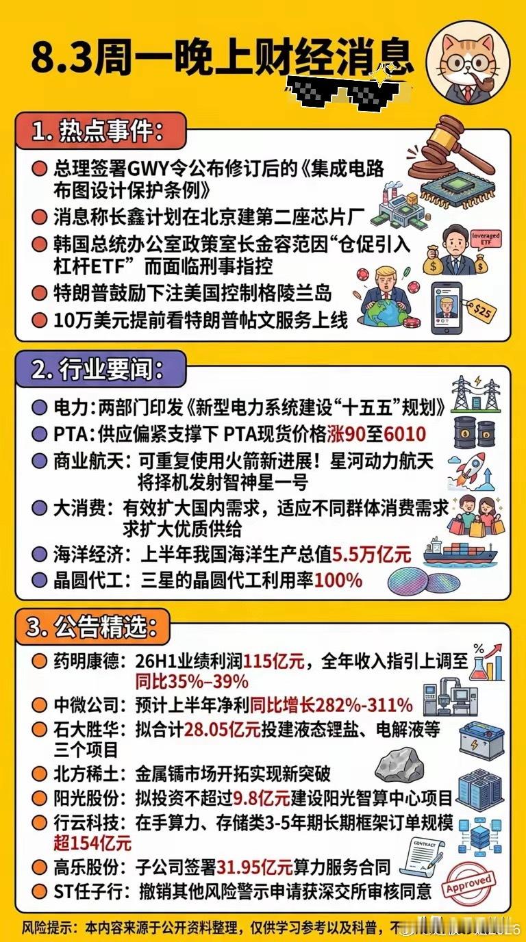 8月3日周一晚间重磅财经汇总！半导体、算力、电力多条主线迎来催化今晚晚间市场消息