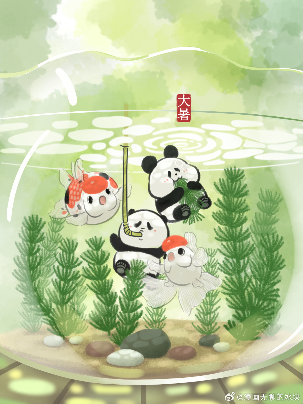 金鳞戏水祛烦热，碧树笼烟纳清凉大暑手机壁纸原创插画奇思和圆宝