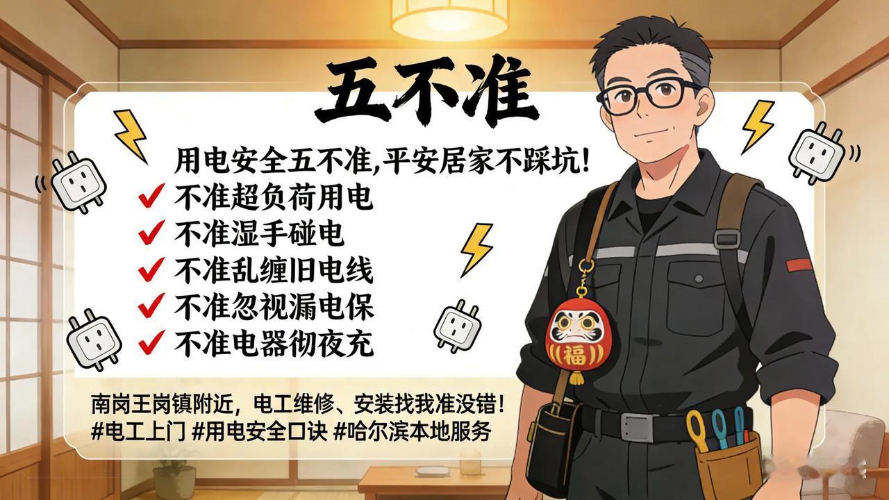 用电安全五不准，平安居家不踩坑！❌ 不准超负荷用电 ❌ 不准湿手碰电❌ 不准乱缠