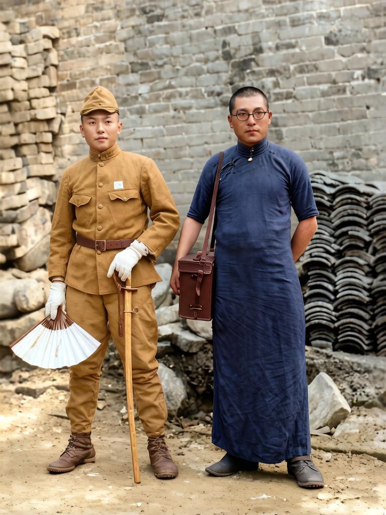 抗战时期的山西太原，两个日本鬼子兵在一户百姓人家庭院里的合影。

其中一个鬼子穿