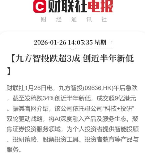 九方智投跌超30%，业绩还行啊，难道的突然被监管了？
