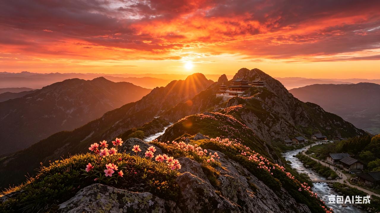 山家春景
残阳喷锦霞，危岭织新花。
鼓响遥峰寺，溪流野径家。
登台寻景丽，泼墨画
