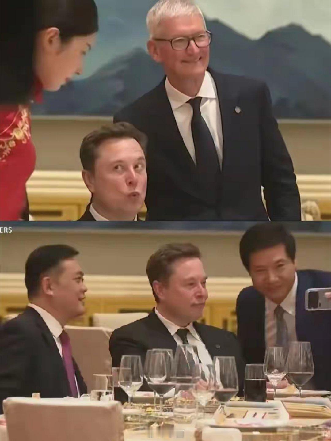 发现了没？苹果的库克来找马斯克拍合照，马斯克都很自然的坐着，还做鬼脸，根本没有站