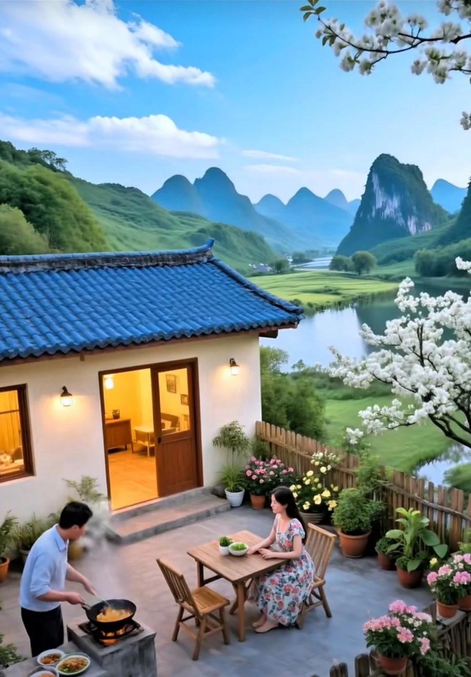 媳妇说，她最羡慕的生活就如图中所示:在农村有属于自己的房子，有一个宽敞的院坝，院