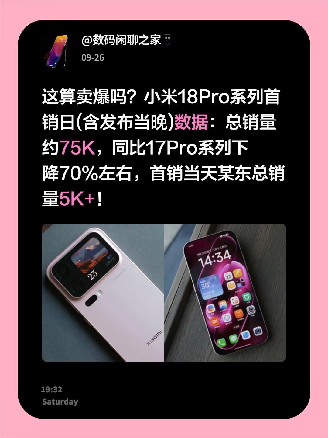 这算卖爆吗？小米18Pro系列首销日(含发布当晚)数据：总销量约75K，同比17