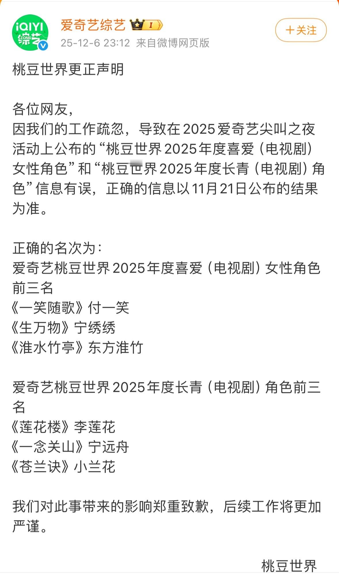 爱奇艺给刘诗诗和刘诗诗粉丝道歉了，颁奖都结束了，就发个文完了吗？ 