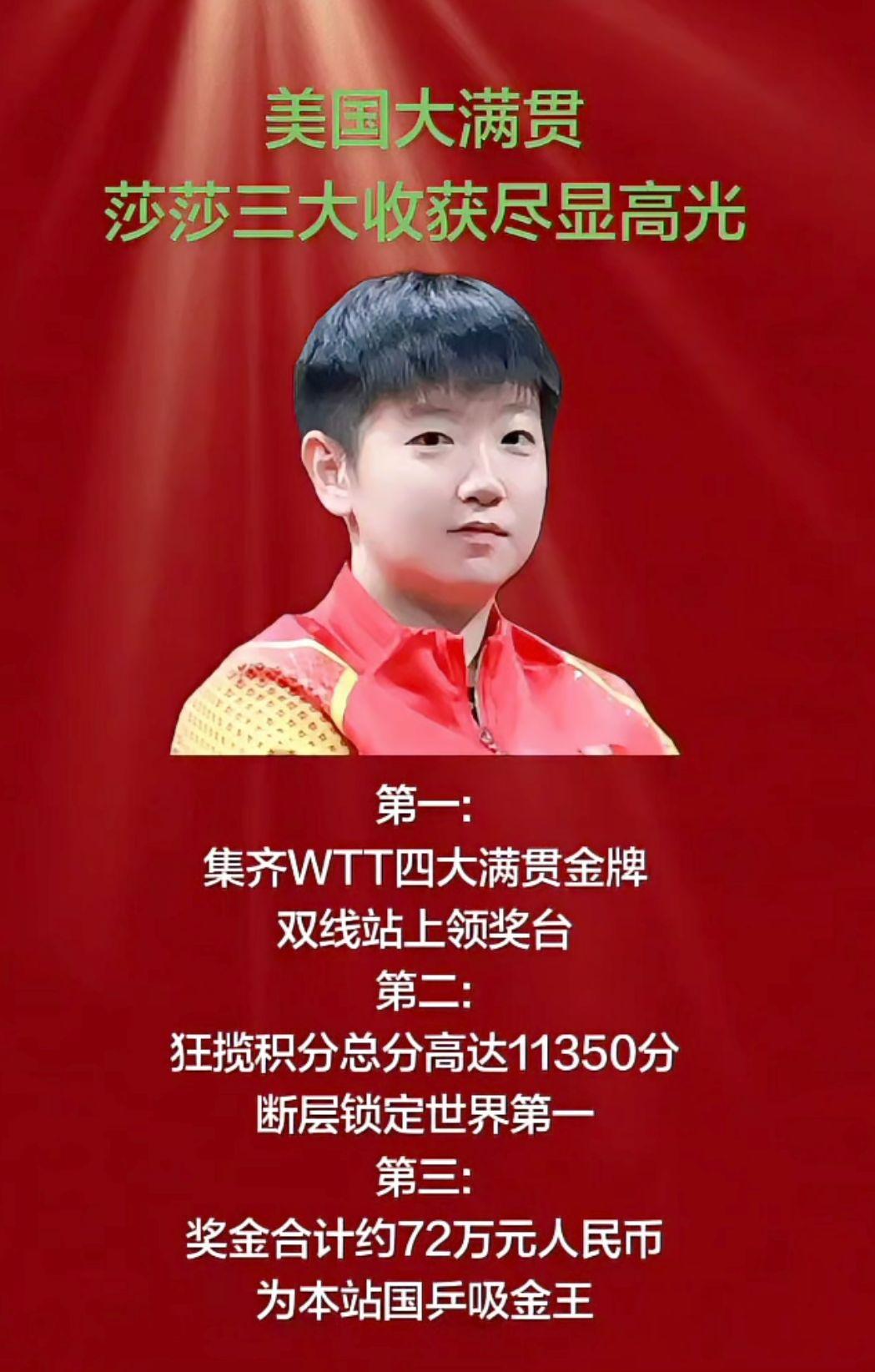 美国大满贯
莎莎三大收获