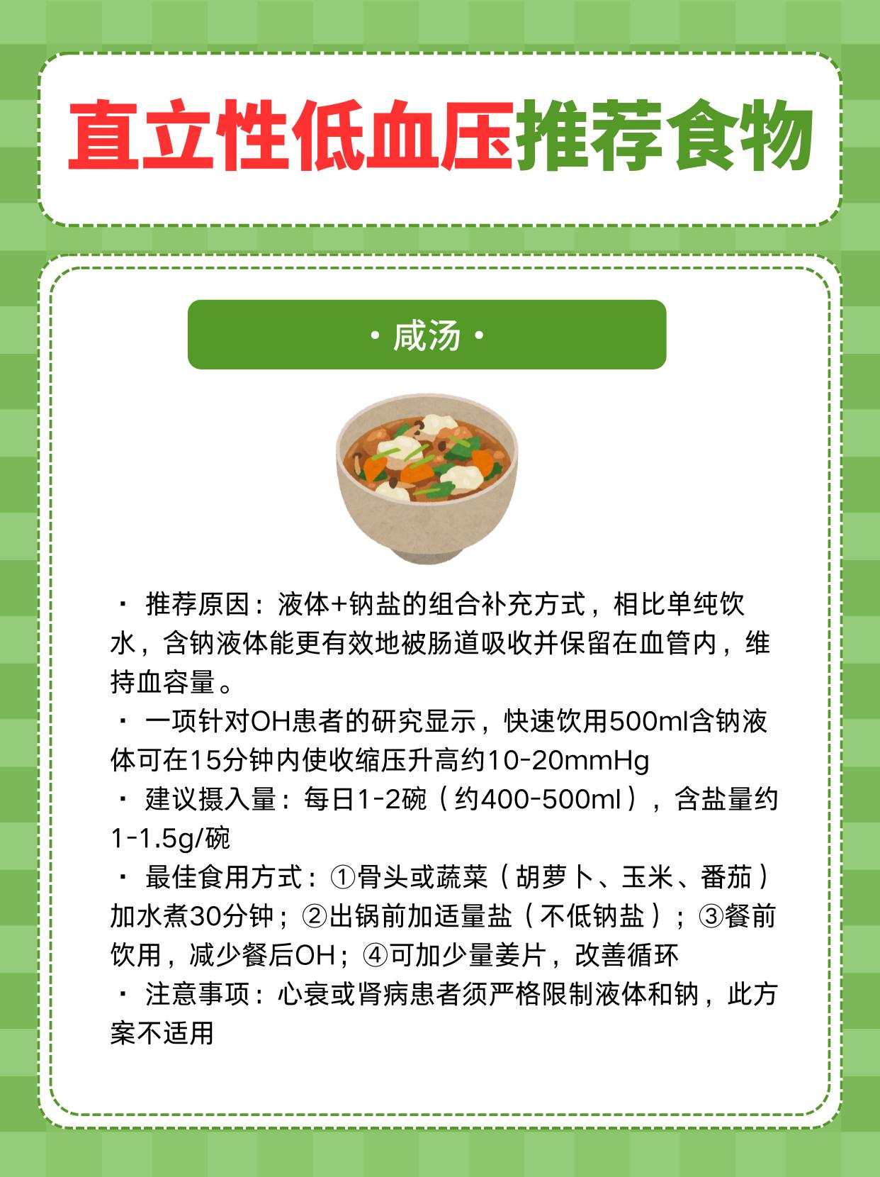 适合直立性低血压的8类食物
直立性低血压的饮食核心逻辑和多数心血管疾病完全相反—