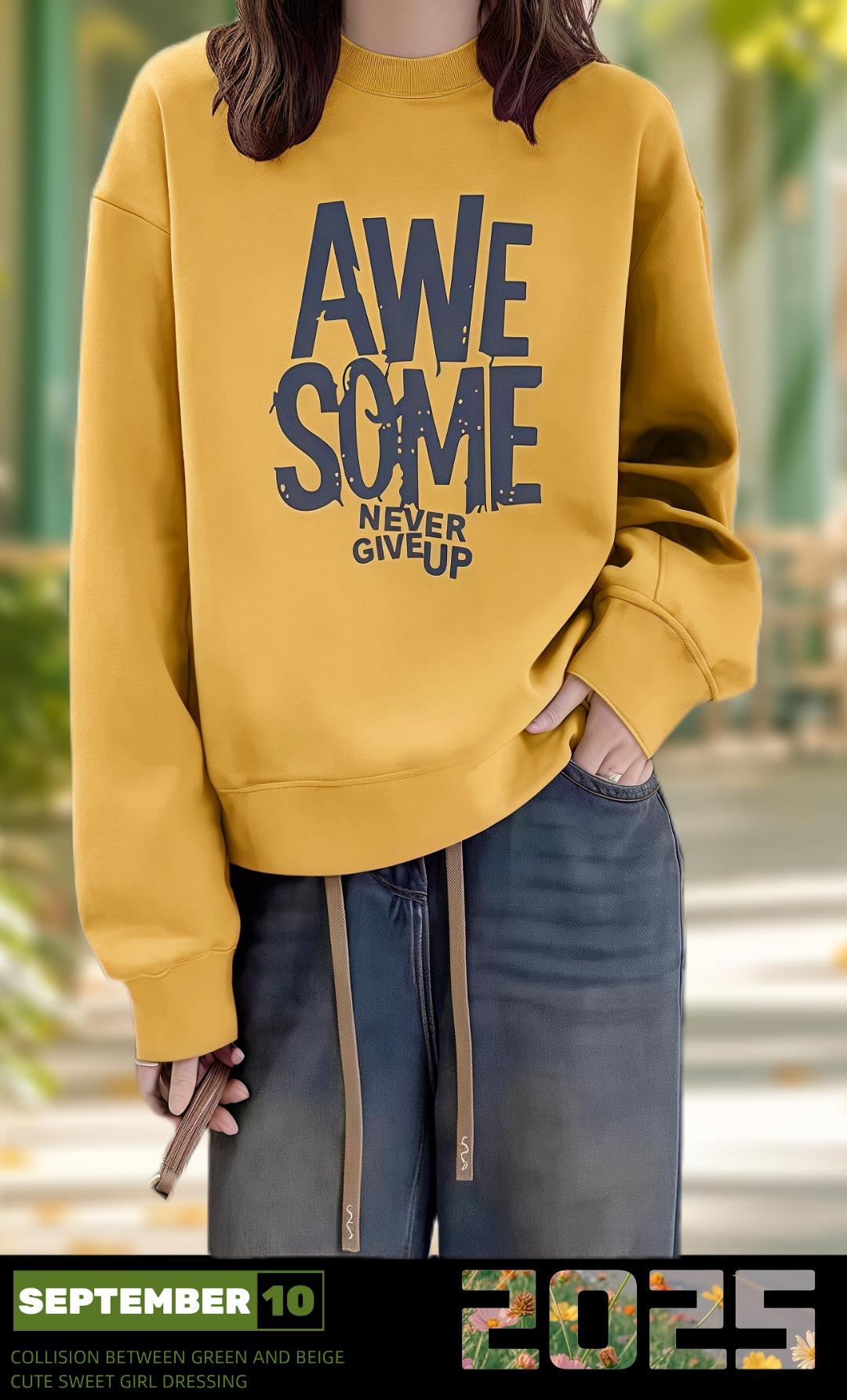 宝子们，超亮眼的黄色卫衣来咯！醒目的“AWESOME”和“NEVER GIVEU