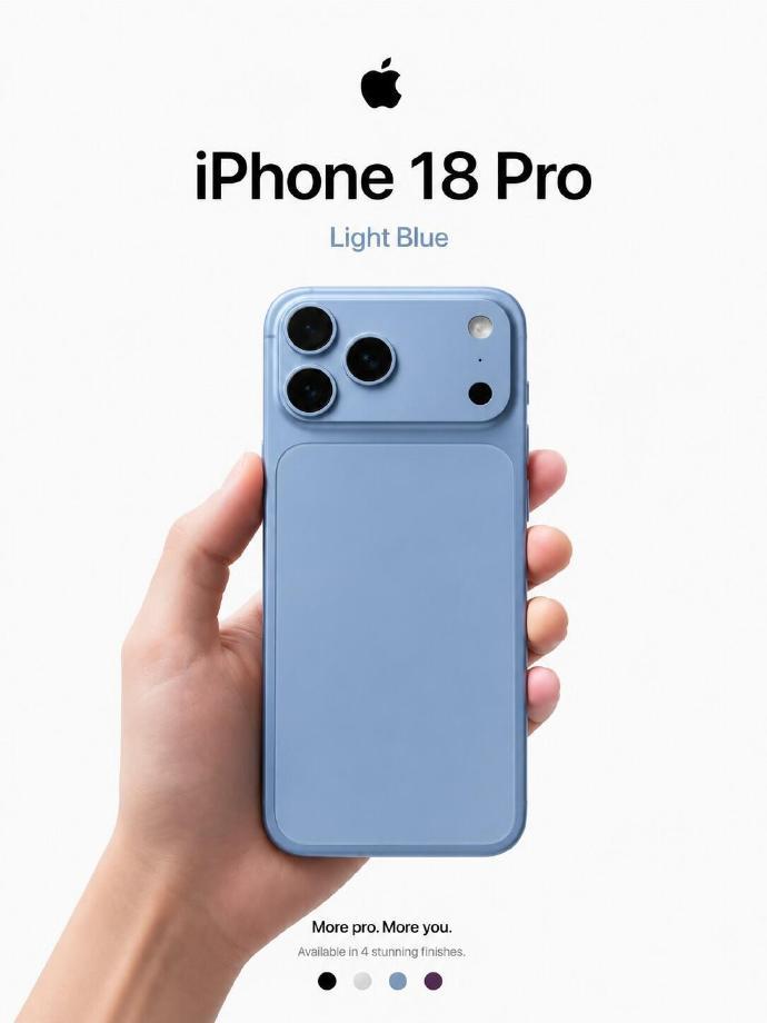 iPhone18Pro配色浅蓝色属于低饱和的天蓝色不会过于跳脱和酒红、黑色摆在一