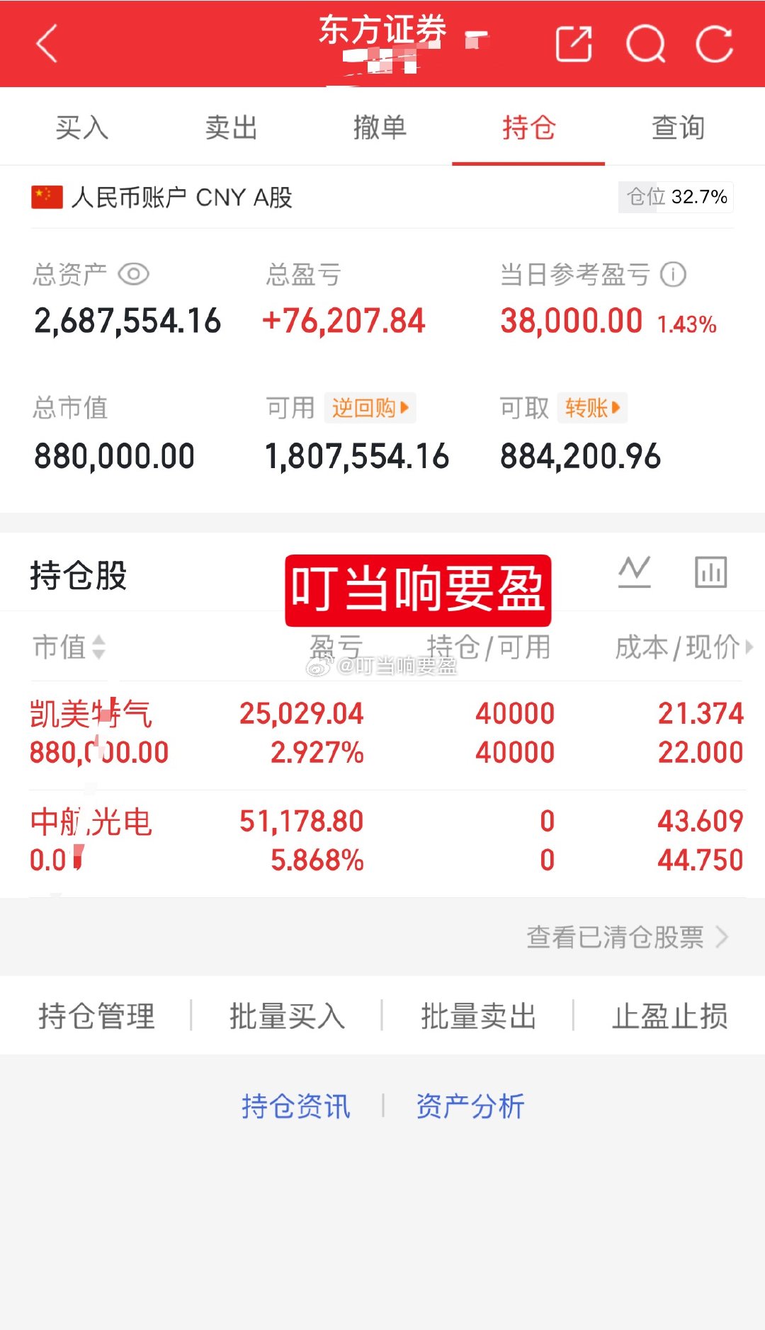 1百w挑战一年翻5倍（第89天）今日卖出：002179中航光电目前持有：0025